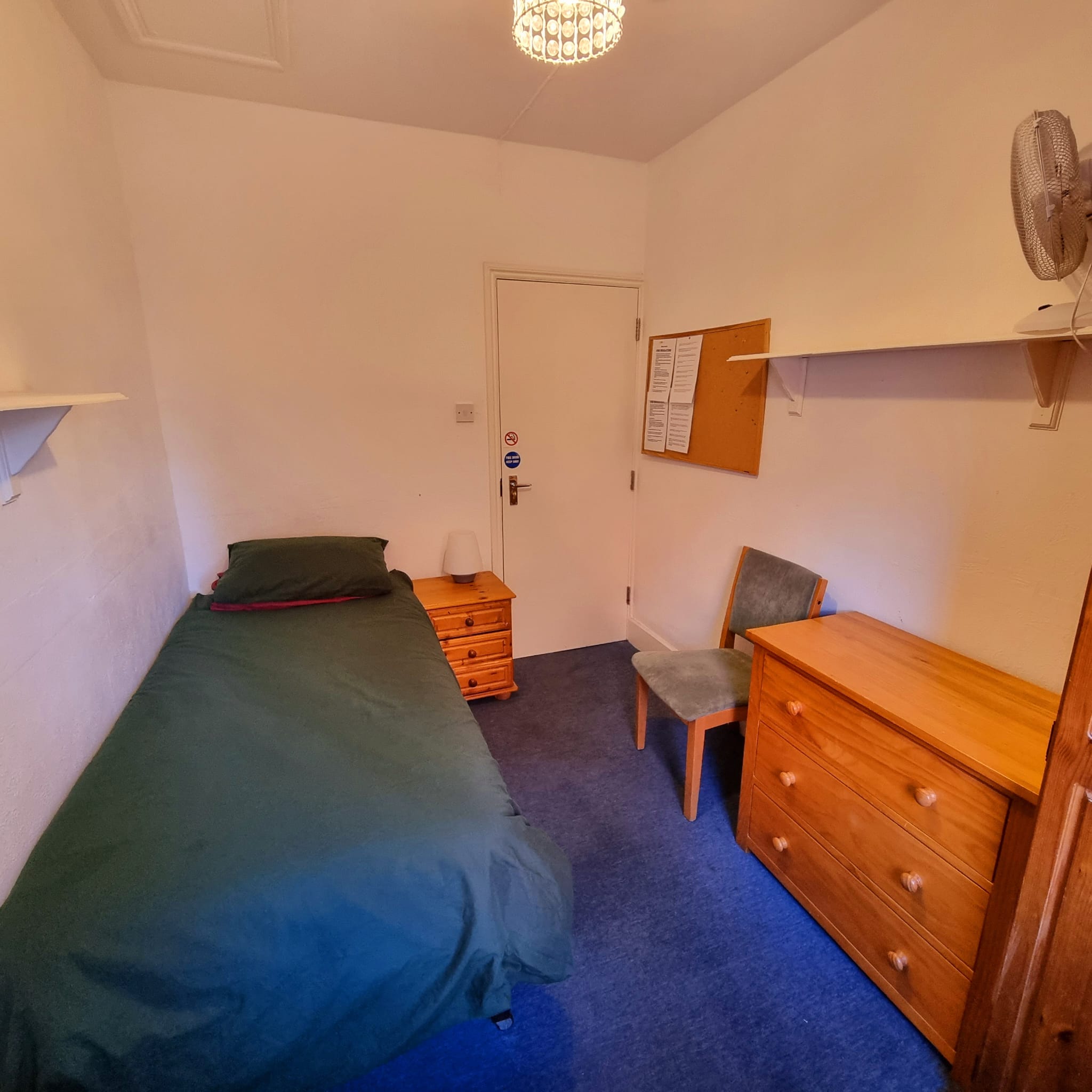 Mount Carmel Bedroom - a green single bed, white walls, blue carpet and pine furniture