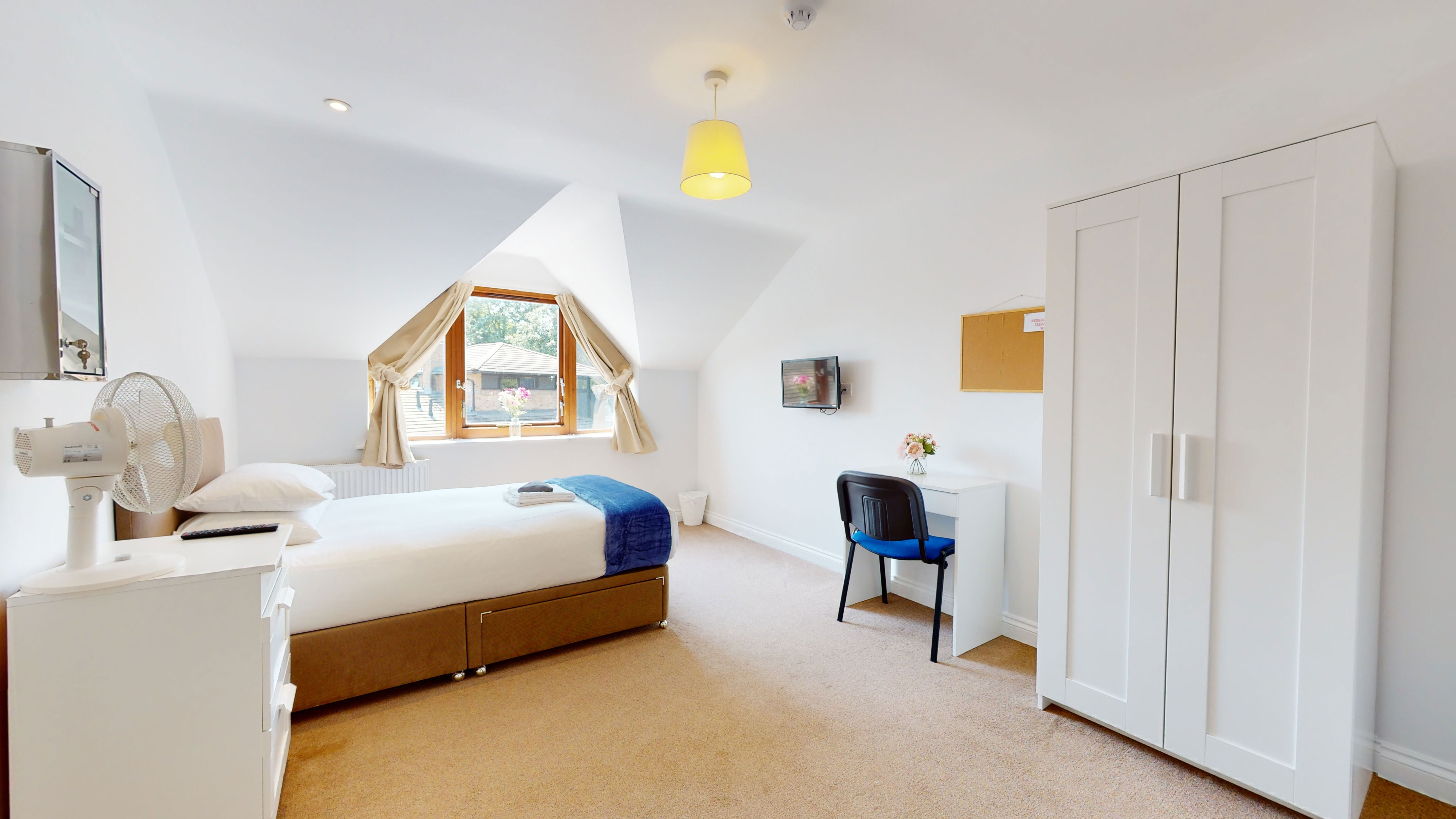 A spacious bedroom with a single bed, wardrobe and desk.