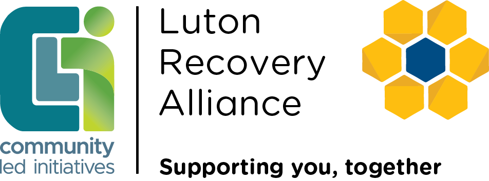 Luton Recovery Alliance and Community Led initatives logo. On the right a geometric flower with the petals as Yellow hexagons and a navy blue hexagon in the centre with the words "Supporting you together" underneath. On the left is an abstract CLI with the I being a person