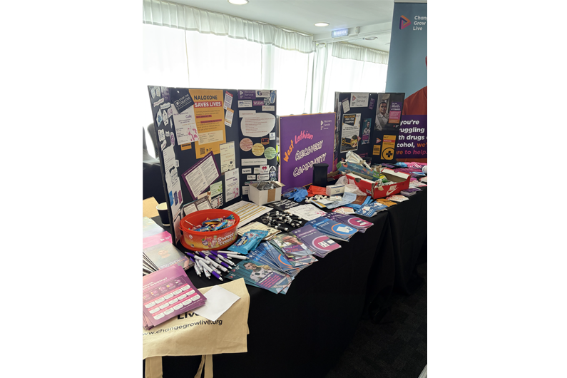 A stall with posters, leaflets and chocolates on it