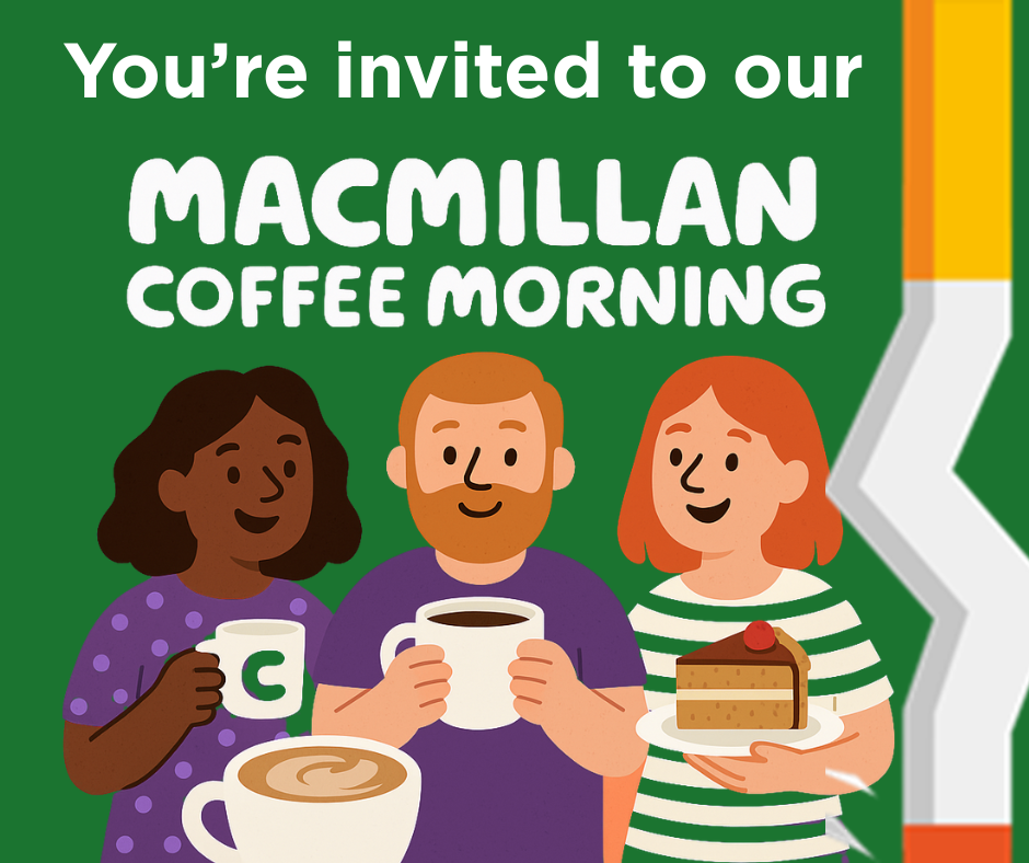 You're invited to our Macmillan coffee morning written on a green background with three people enjoying cake and coffee