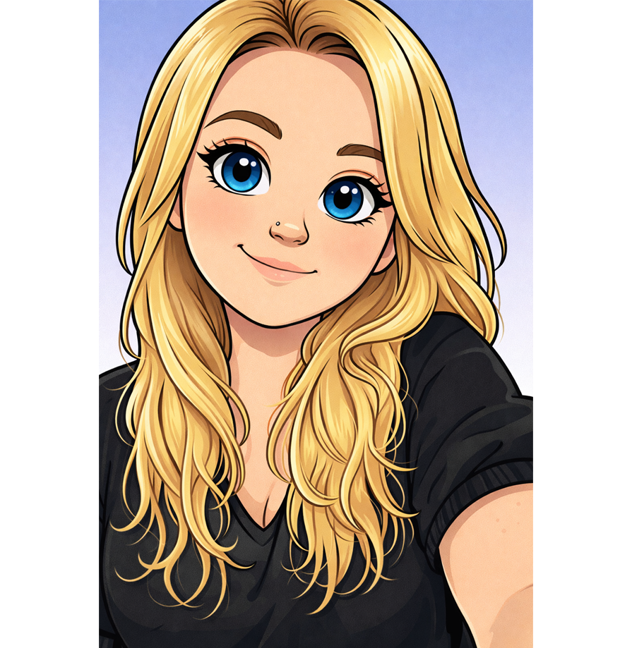 A cartoon image of Abbie. She has long blonde hair