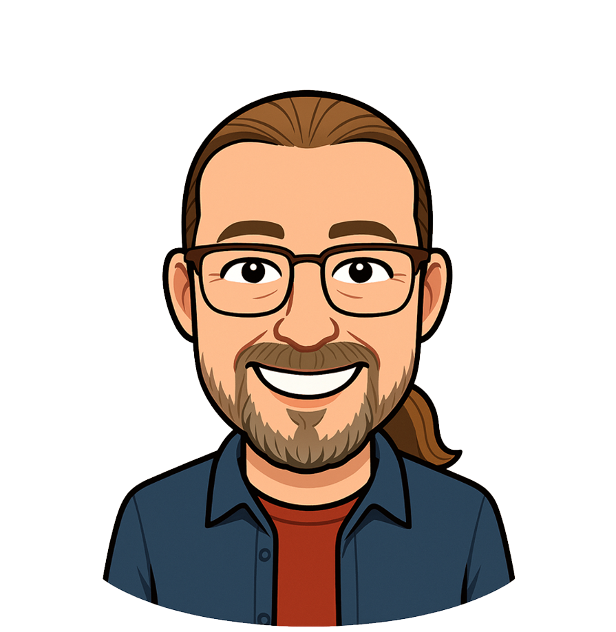 A bitmoji of Alastair. His hair is pulled back into a ponytail and he's wearing glasses