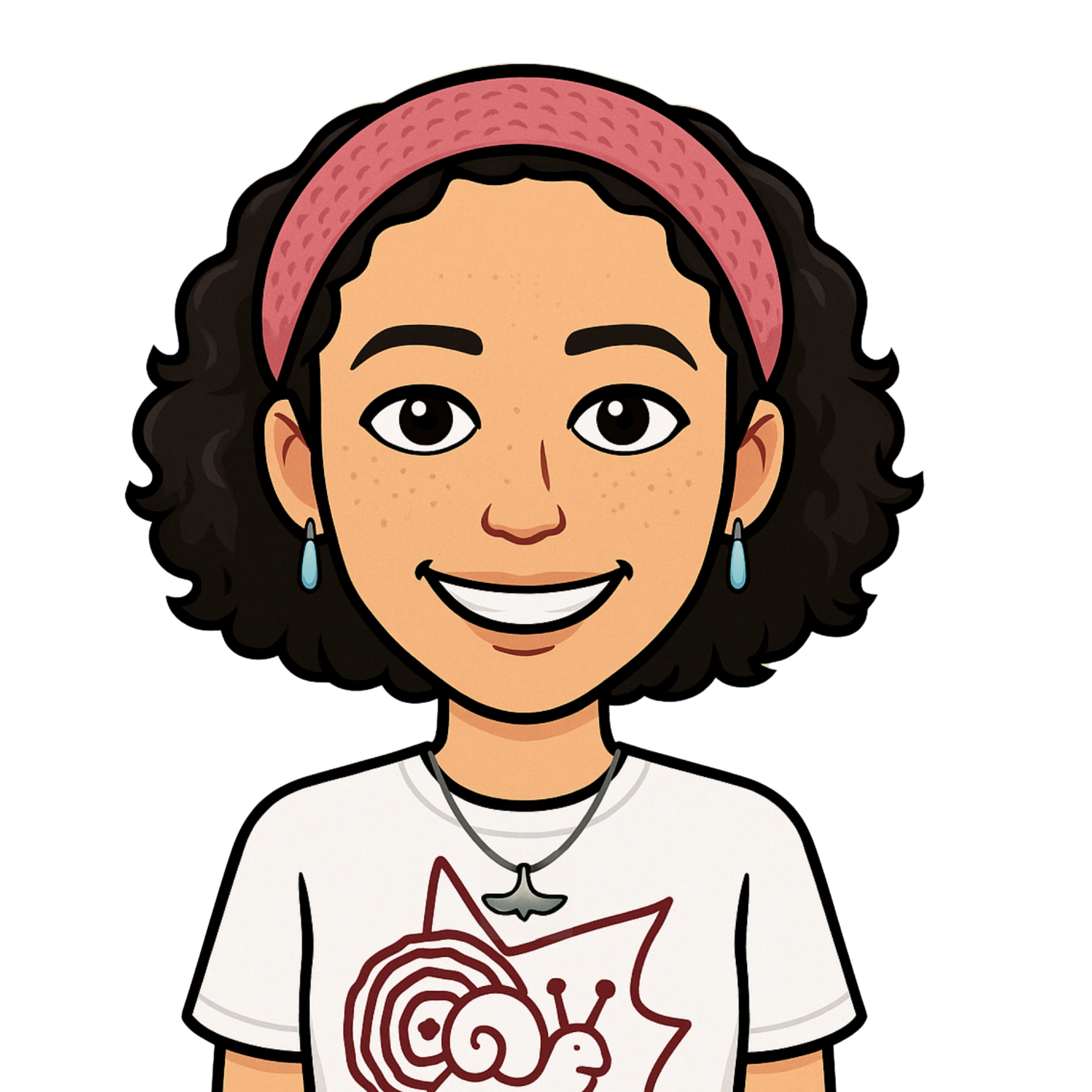 A bitmoji of Beth. She has short curly black hair and is wearing earrings and a white t-shirt