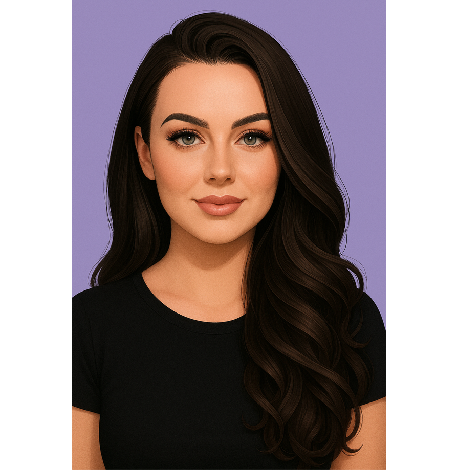 A cartoon image of Chloe. She has long brown hair