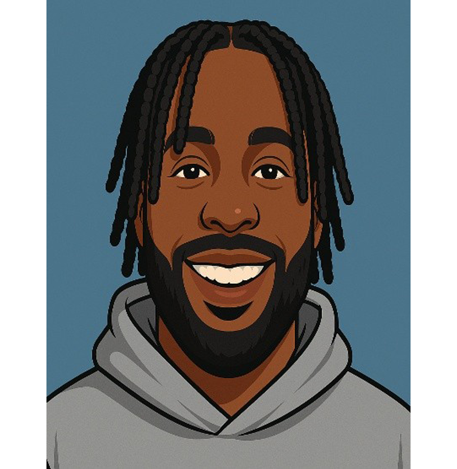 A cartoon image of Dex. His hair is twisted into braids and he has a beard.