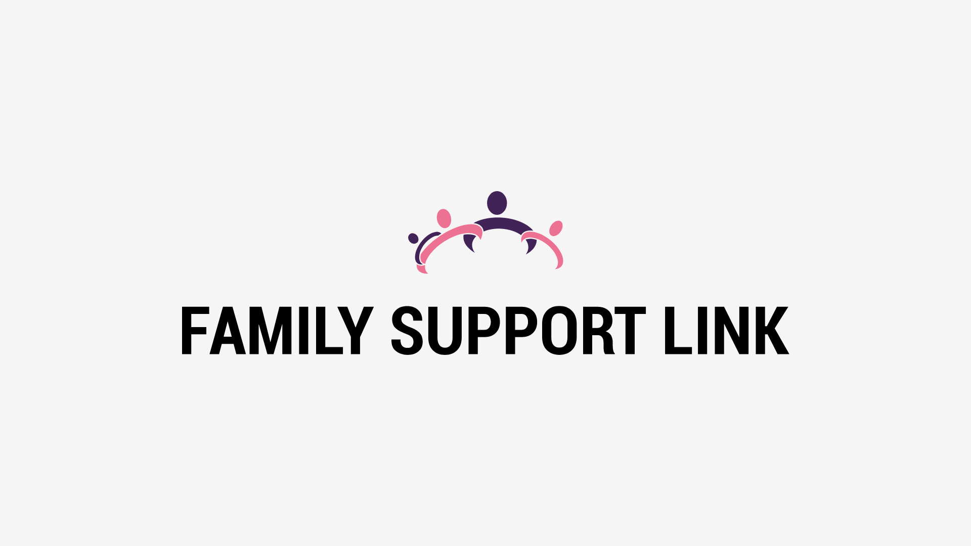 Logo for Family Support Link featuring stylized human figures and arcs in purple and pink above bold black text on a white background.