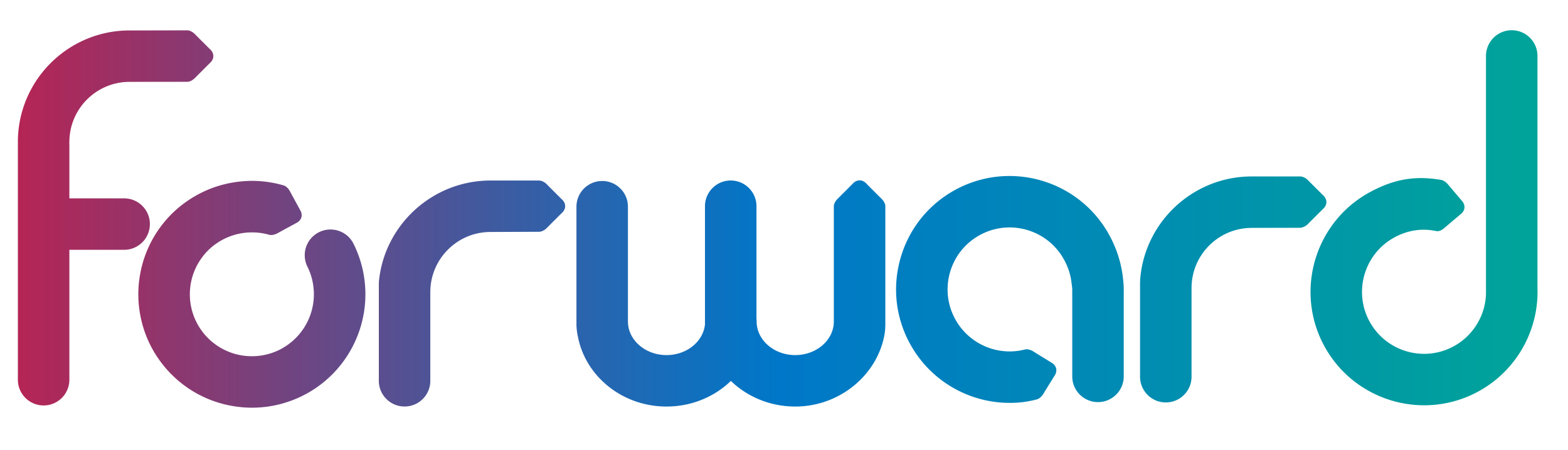 The word "forward" is displayed in lowercase, with a smooth, rounded font, transitioning from pink to blue to green, conveying a sense of movement and progress.