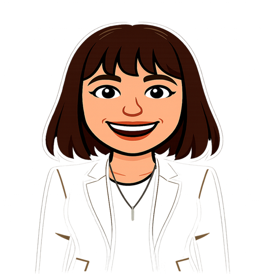 A bitmoji of Helen, her brown hair is cut to a chin length bob with a full fringe. She's wearing a white jacket