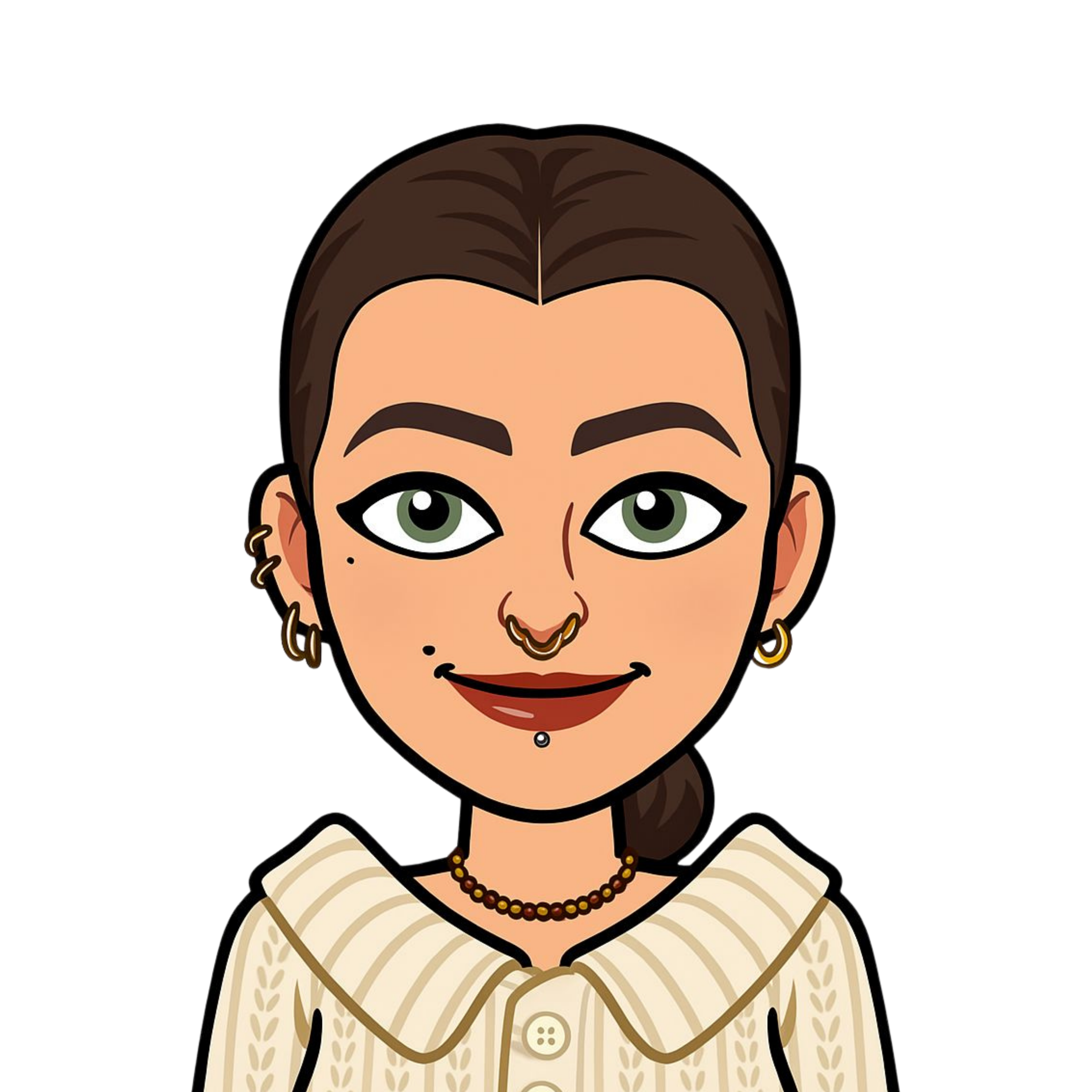 A bitmoji of Jess. Her hair is pulled back into a ponytail and she has many facial piercings