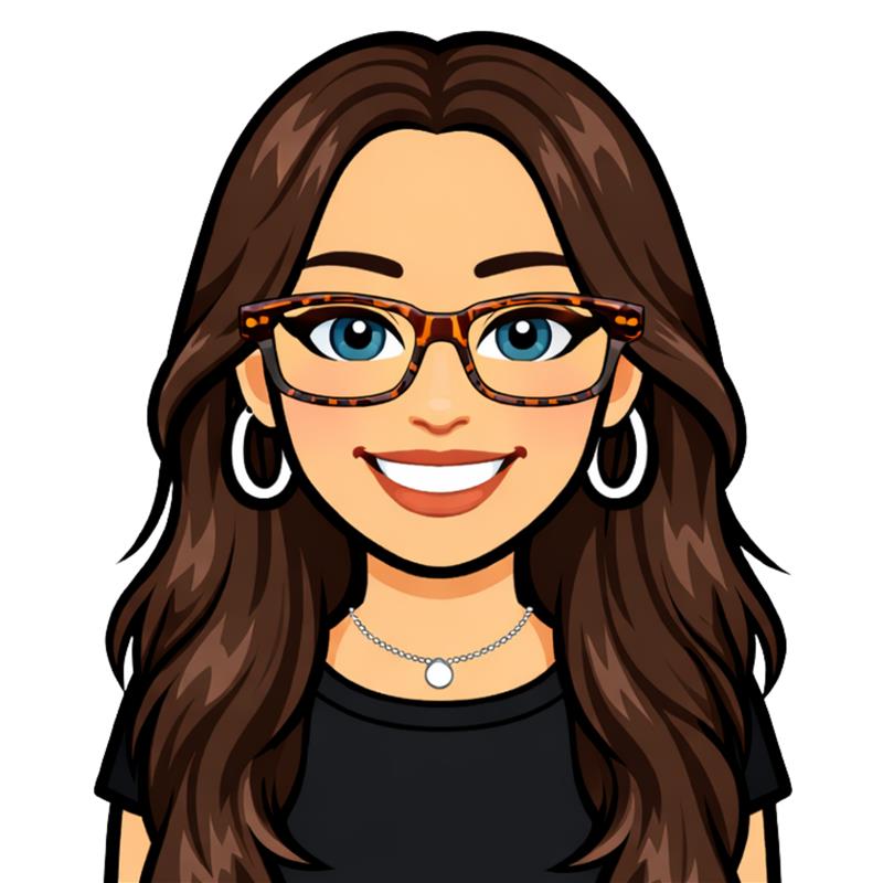 A bitmoji of Lizzie. She has long brown hair and is wearing tortoise shell glasses