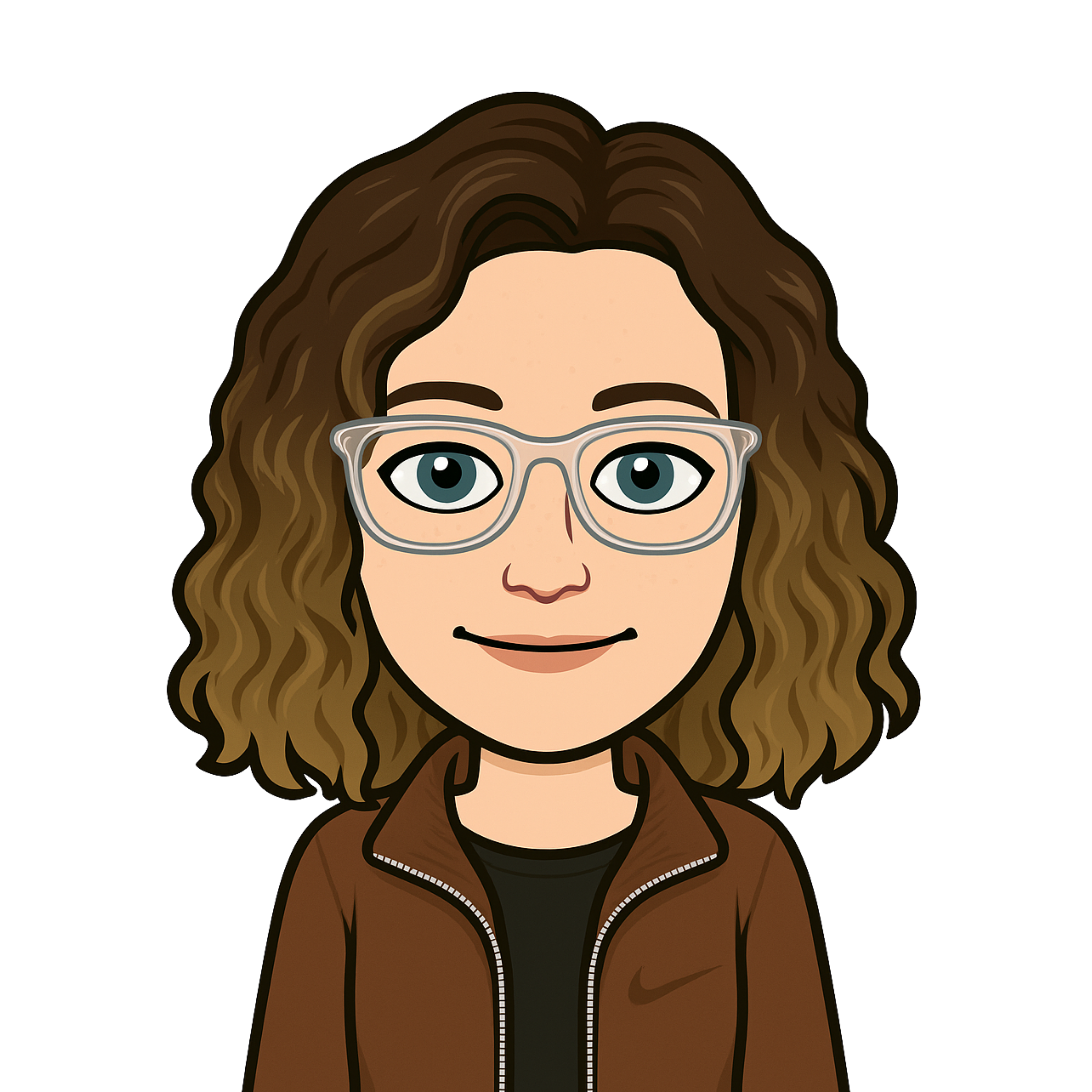 A bitmoji of Molly E. She has shoulder length brown curly hair, glasses and is wearing a brown jacket