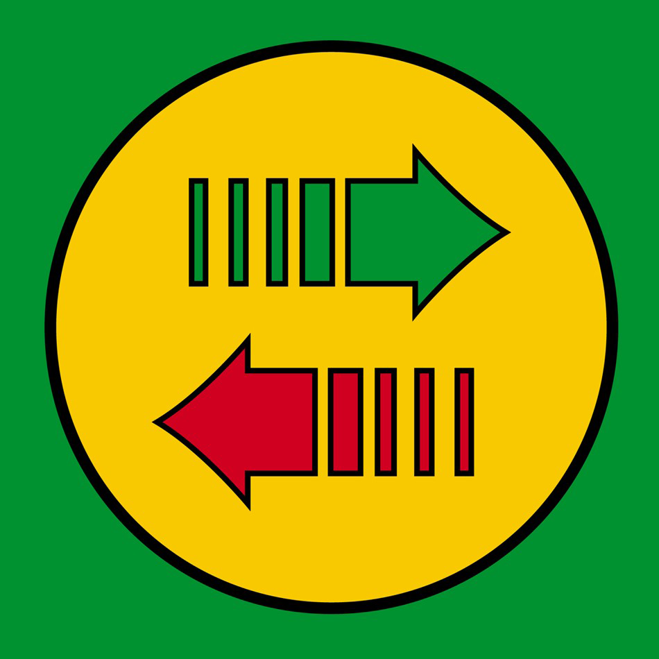 A green background with a yellow circle. Inside the circle are a green arrow pointing right and a red arrow pointing left.
