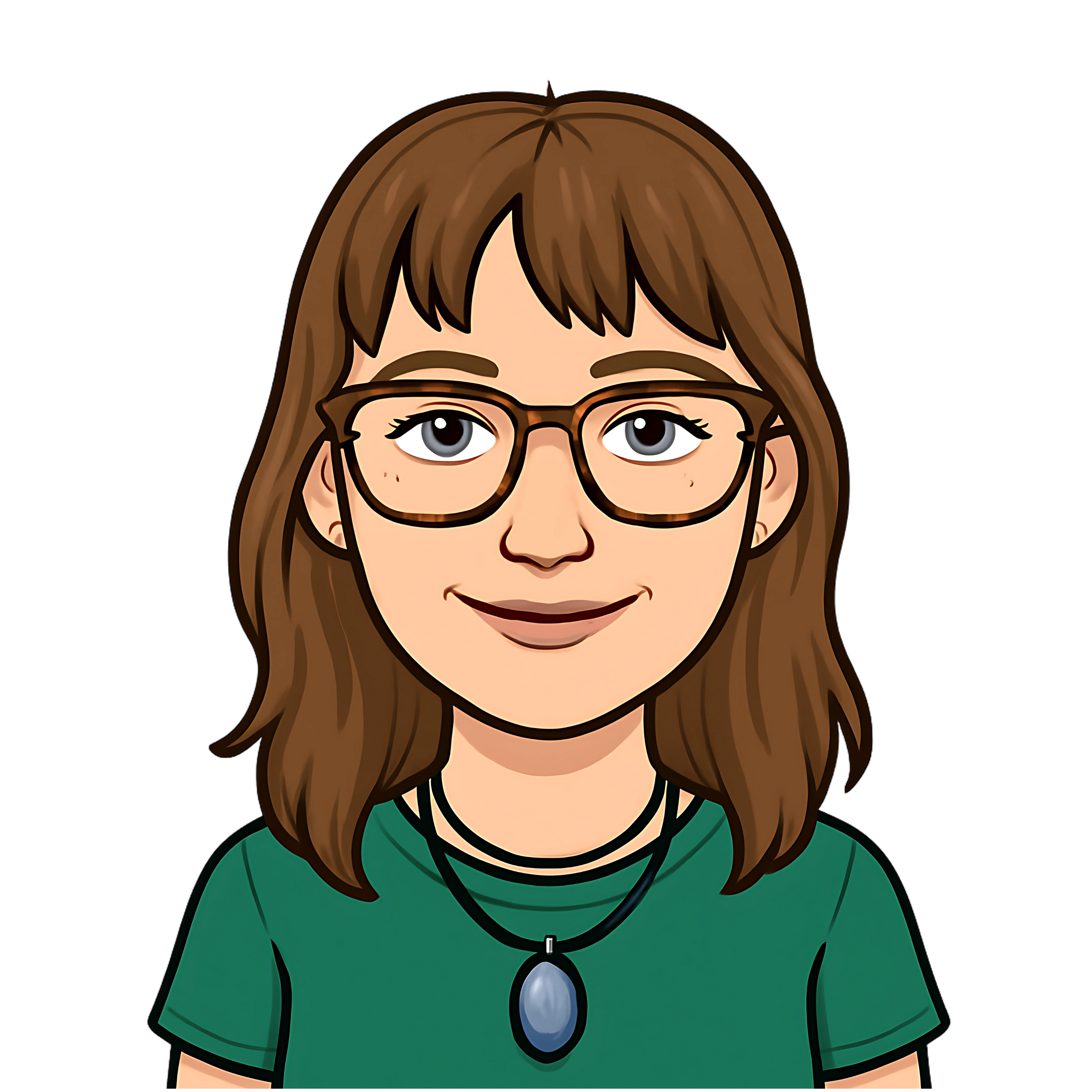 A bitmoji of Niamh. She has shoulder length brown hair, a short fringe and is wearing glasses