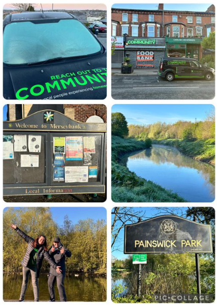 6 photos in a 2 by 3 grid. The top left is of the front of a van. The top right is of shops on a highstreet with a van parked out side with a sign for a food bank. Middle Left is a town notice board with leaflets on. Middle right is of a river. Bottom left is two people posing for the camera by a river. Bottom right is of a sign for Painswick Park.
