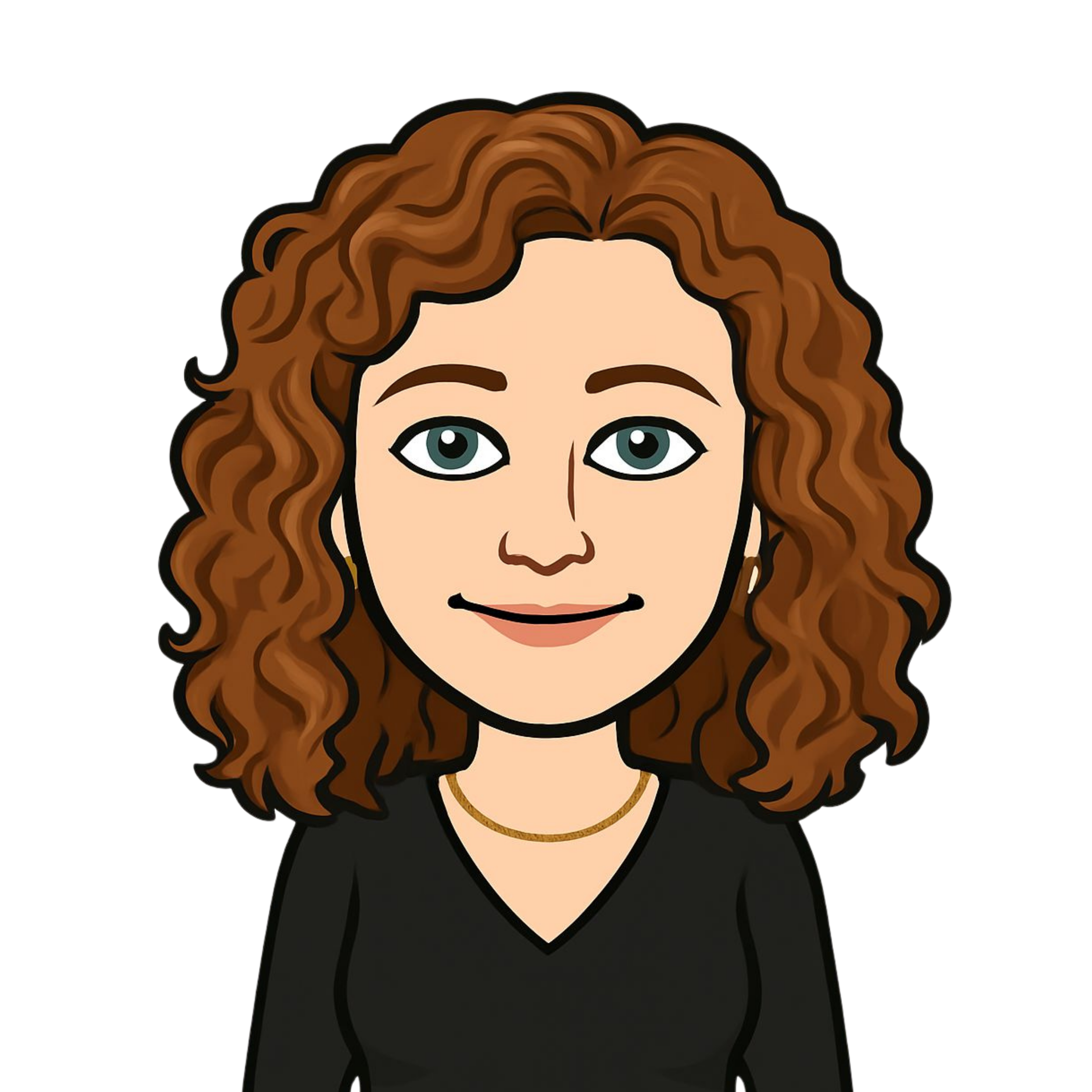 A bitmoji of Rachel. She has curly light brown hair and is wearing a black top.