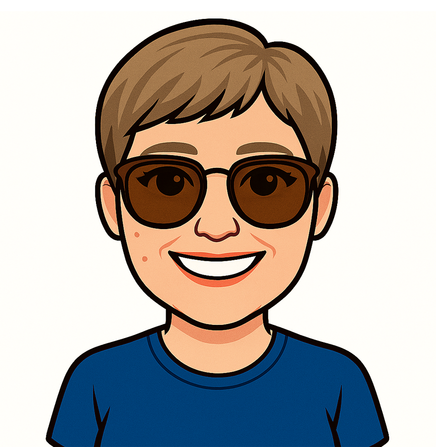 A bitmoji of Sharon. Her hair is cut into a pixie crop and she is wearing sun glasses and a blue top
