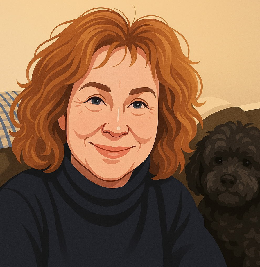 A cartoon image of Suz. She has wavy light brown hair and is wearing a dark coloured jumper