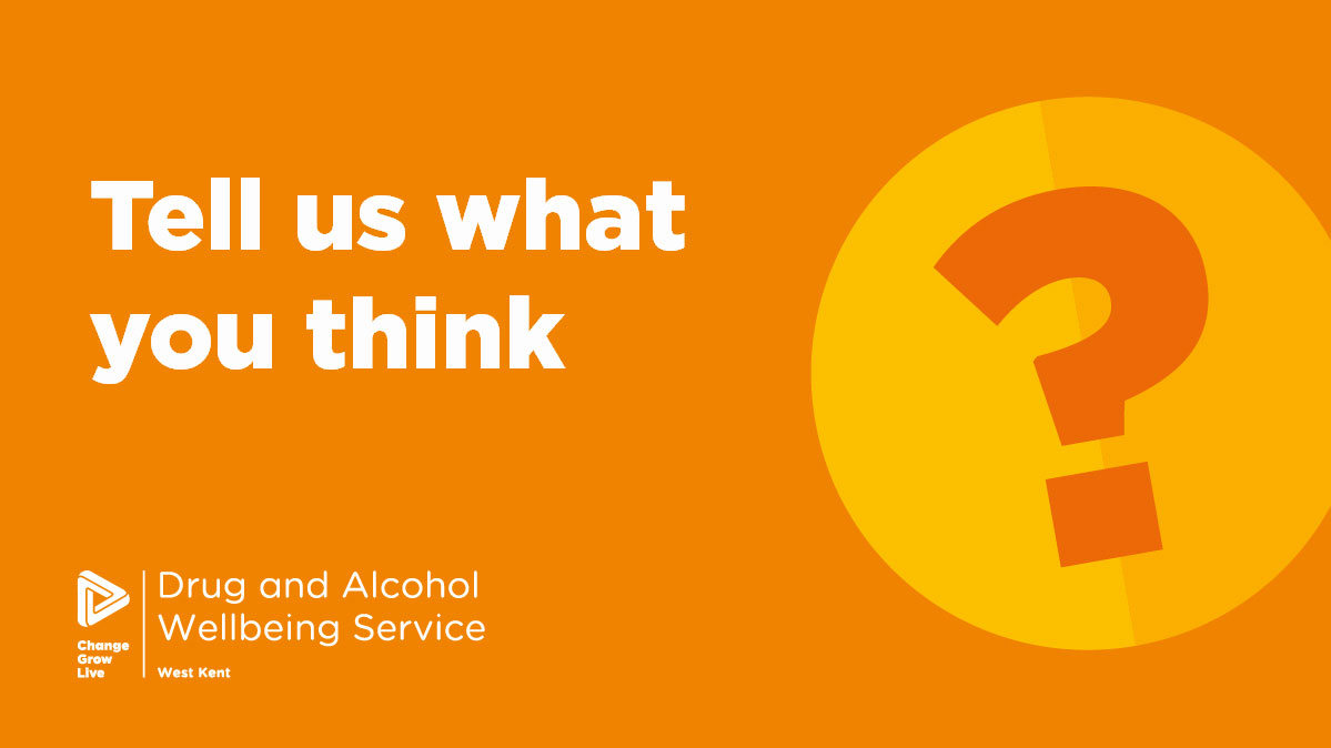 A graphic with an orange background and the words "Tell us what you think"