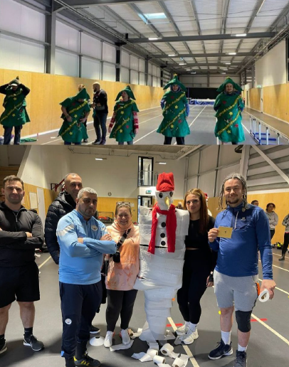 The top picture is of people racing while dressed as Christmas trees. The bottom photo is a group of people who have turned someone into a snowman with toilet paper.