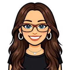 A bitmoji of Lizzie, she has long brown hair and is wearing glasses