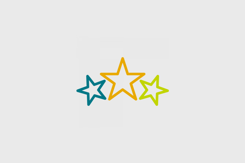 Three star outlines, the left is teal coloured, the middle is orange, and the right is light green. The orange star in the middle is slightly bigger than the other two