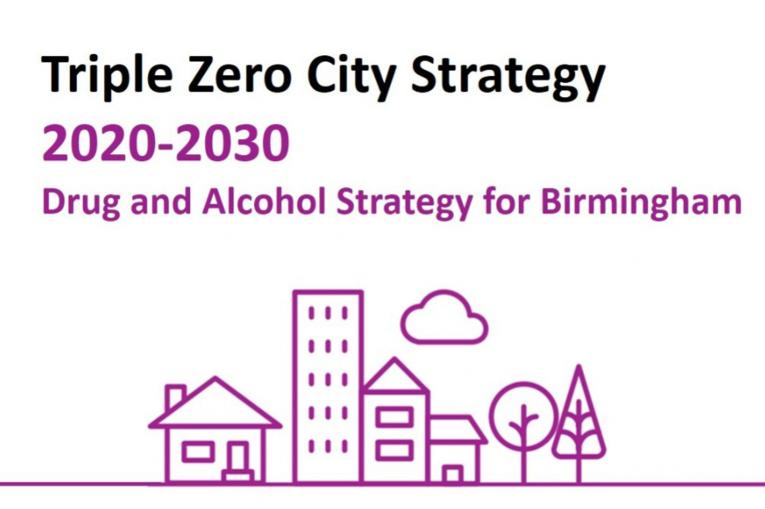 A graphic with icons of houses that says "Triple Zero City Strategy"