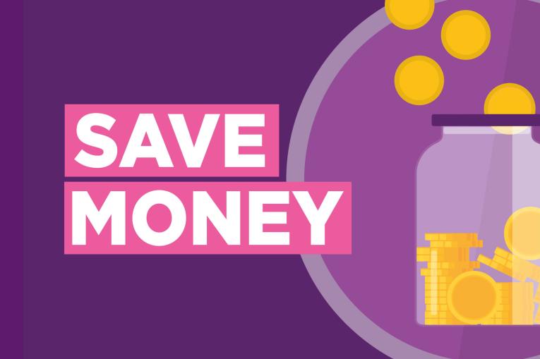 A purple background with an illustrated pot of money with the text "save money"