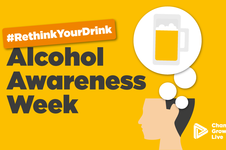 A graphic. Yellow background with a persons head in the bottom right corner. There is a thought bubble coming out of their head with an icon of a beer glass inside it. On the left hand side there are the words "#RethinkYourDrink Alcohol Awareness Week'. In the bottom right corner is the white Change Grow Live logo