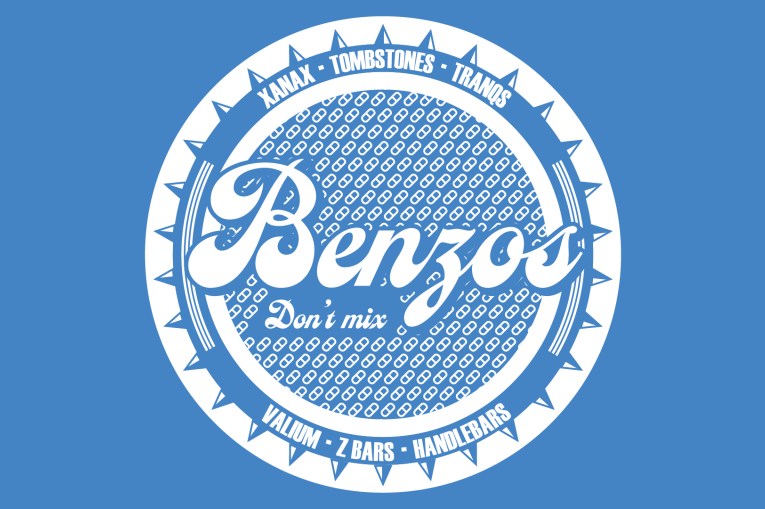 A sky blue background with a white circle in the middle. The words Benzos don't mix is inside the circle and Xanax, Tombstones, Tranqs, Valuim, Z Bars, Handlebars are around the edge