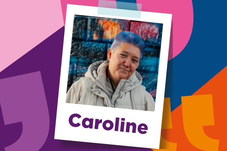 Colourful background made up of overside quotation marks. In the centre is a polaroid photo of a woman with cropped blue hair, wearing a grey coat. The name Caroline is on the bottom of the polaroid.