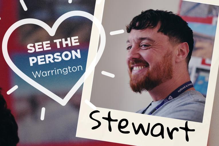 A colourful wall background with a heart stamp on the left with the words See The Person Warrington inside the heart. On the right is a polaroid photo with a young man with short hair, a moustache and beard. The name Stewart is at the bottom of the polaroid.