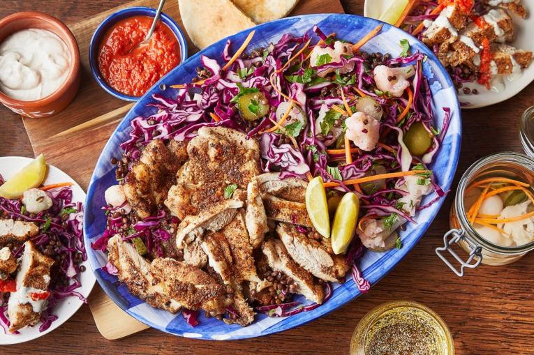 A plate of Chicken Shawarma and lentil salad