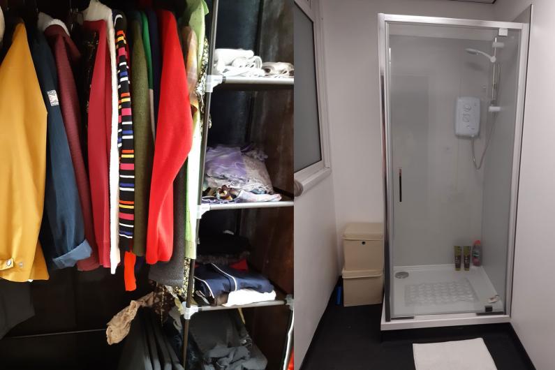 A clothes rail and shower at the Women sex workers community hub 