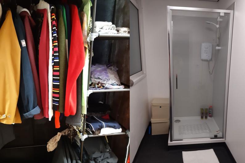 A clothes rail and shower at the Women sex workers community hub 