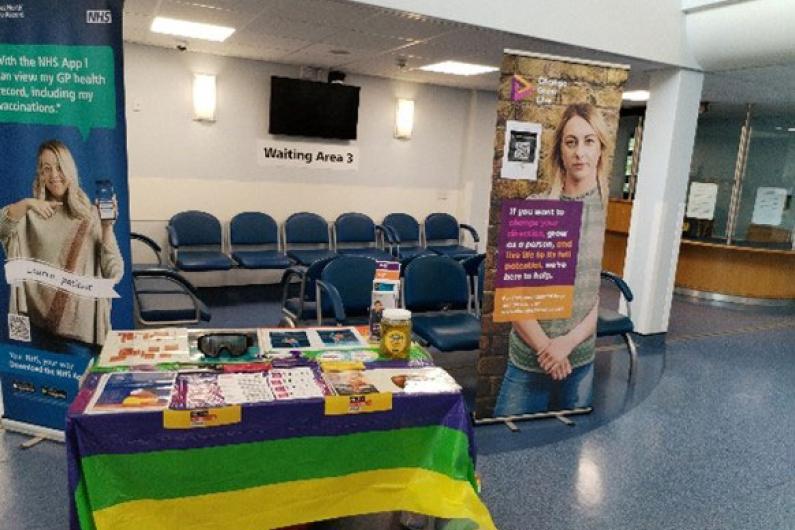 a stall with banners inside