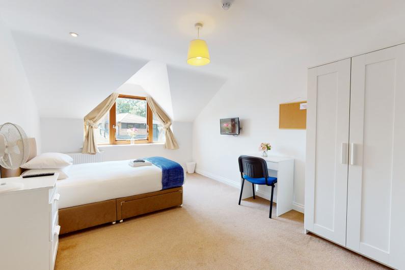 A spacious bedroom with a single bed, wardrobe and desk.
